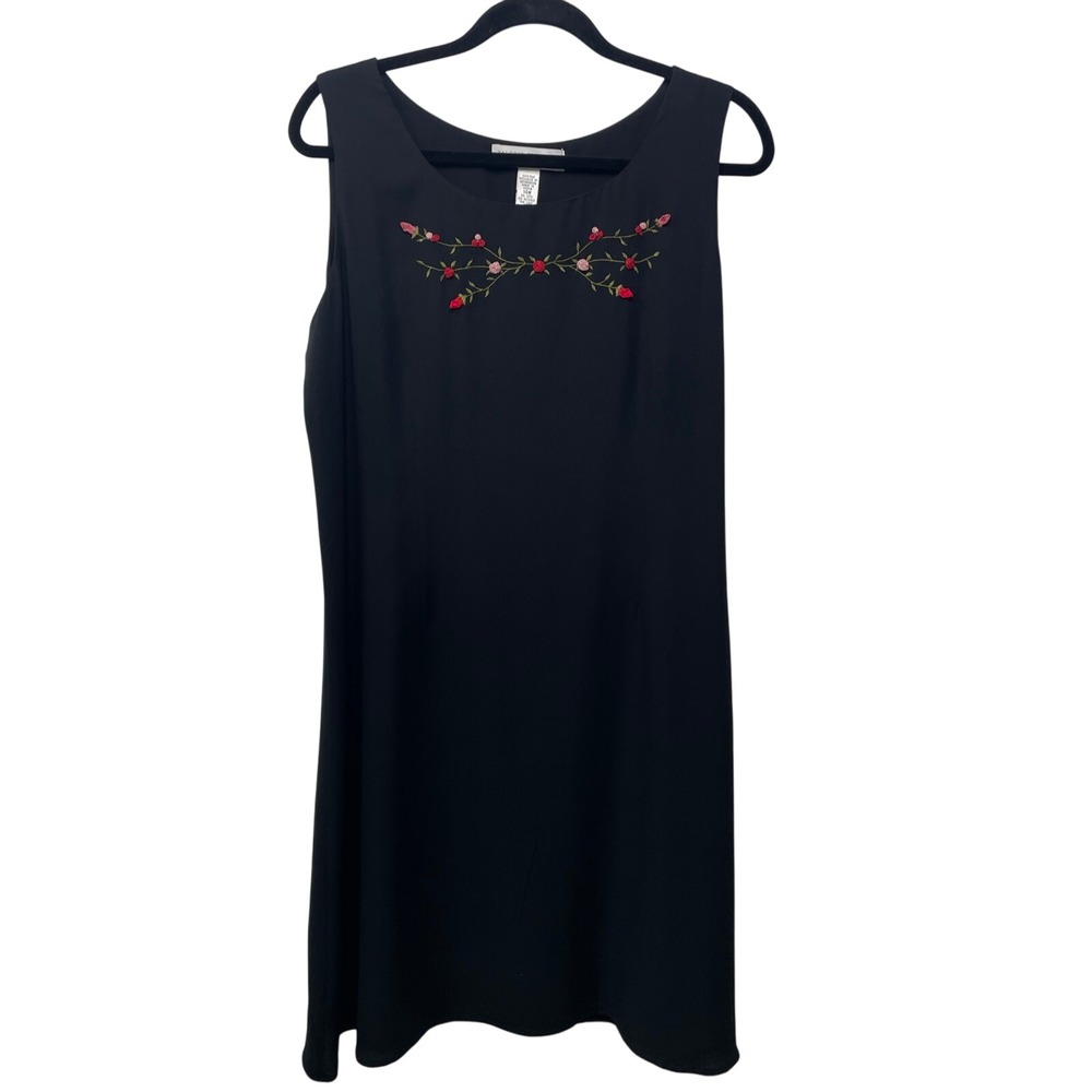 Vtg Valerie Stevens Black 100% Silk Floral Embroidered Sleeveless Dress‎ 14W Y2K